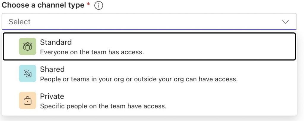 Kennzeichnung Teams Kanal Typ Standard, Shared, Privat