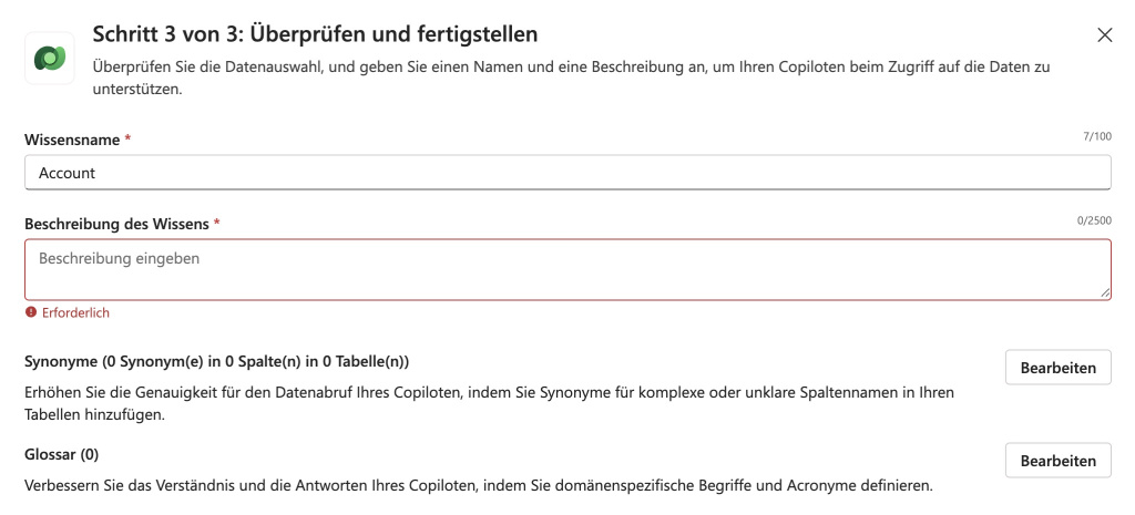 Copilot Dataverse Table Konfiguration